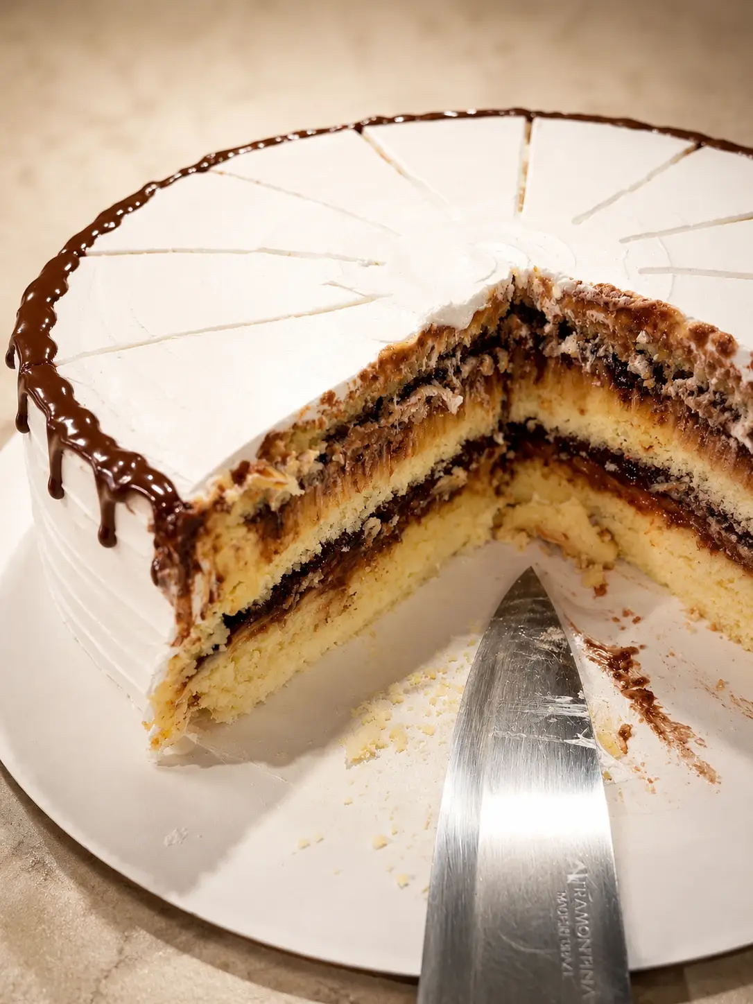 Bolo de ninho com Nutella de cobertura branca com fio de chocolate, cortado mostrando as camadas